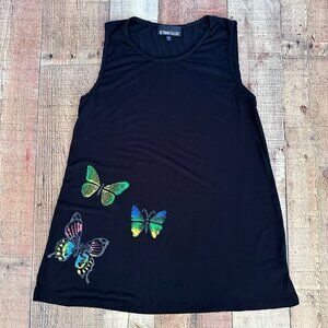 The pyramid collection black with butterfly print sleeveless tunic top women's x